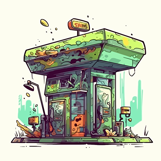 Gas station weed, gas station should be in cartoon style, 2D, graffity style, urban style, pop art, vector