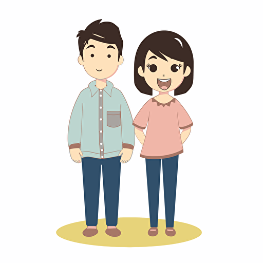 young parents, standing back to back. both are smiling. white background. cute, cartoonish, vector, manga