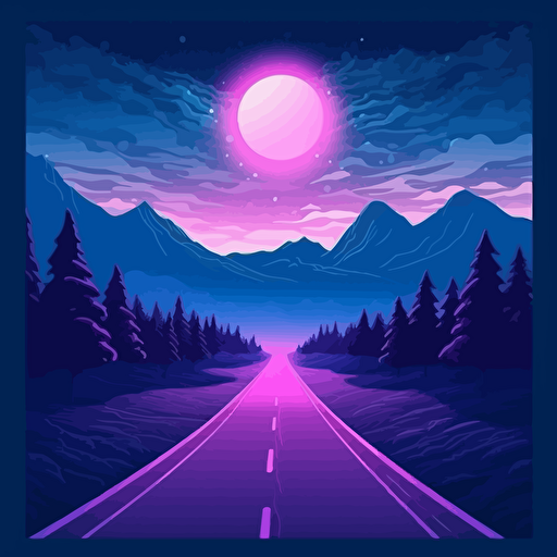 An extended road road in the foreground, the night sky and mountains in the background, 2D, gradient vector illustration wind
