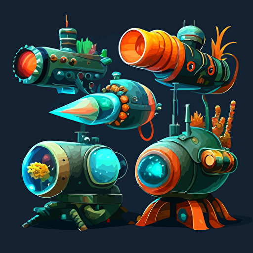 cartoony complex aquatic bazookas lined up, vector, theme is atlantic, coral, ocean, cartoony,bazooka, grenade launcher, turret, gun, flame thrower, 2D, concept art, Pet Simulator X