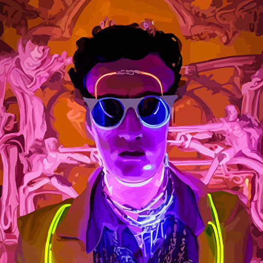 body neon porcelain rococo futuristic style sculpture young handsome prince half robot wearing retro shades ruptured battery leaking glowing neon radioactive liquid electric sparks glowing violet laser beam eyes crown giant diamonds gold chain steampunk necklace flowing purple satin luminescent fabrics mechanical roses baroque steampunk elements length view baroque element intricate artwork caravaggio trending artstation octane render cinematic lighting right hyper realism octane render 8k depth field 3d