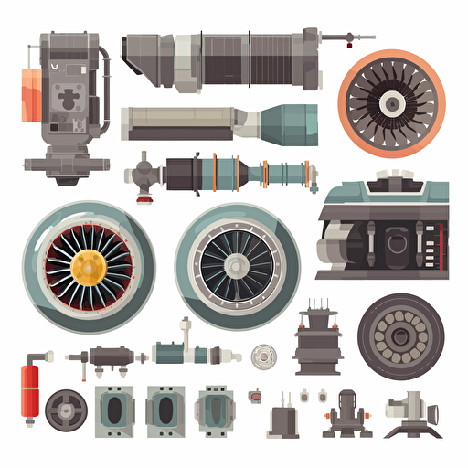 2d flat Jet engine parts for 2d game, vector, game assets, for kids, true 2d, kid illustration, simple, front view, side view, flat, flat,flat