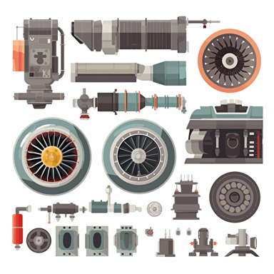 2d flat Jet engine parts for 2d game, vector, game assets, for kids, true 2d, kid illustration, simple, front view, side view, flat, flat,flat