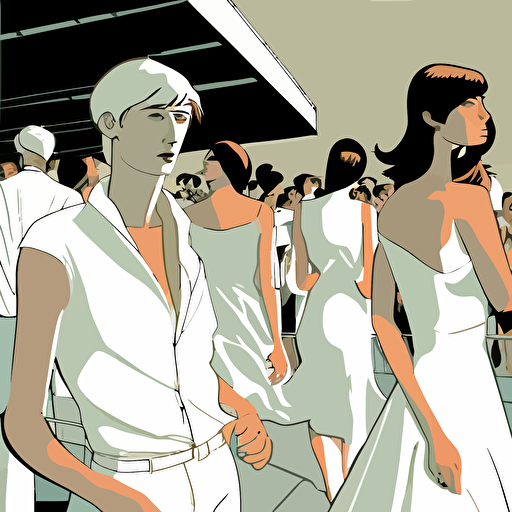 920's summer party on a rooftop terrace in barcelona where people are all dressed in white, pop art, vector, minimalistic