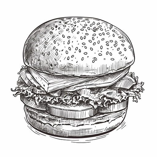 black and white outline vector illustration for a sticker of a classic American burger.
