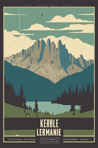 flat vector art Kenneth Crane illustration | travel poster featuring | The Dolomites | Pastel deep sea blue, grey, and muddy green | Wide angle
