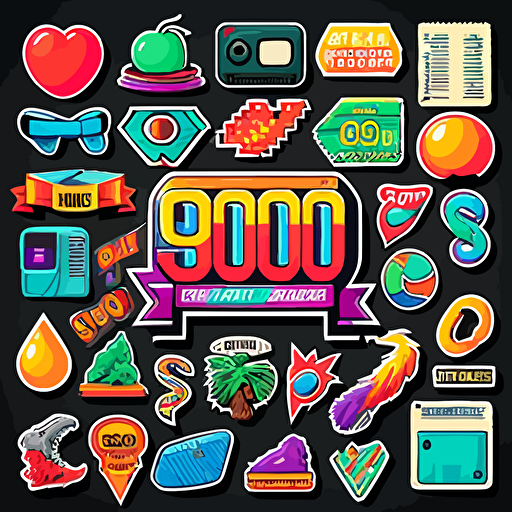 90’s sticker sheet, isolated stickers, no border, vector image
