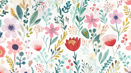 whimsical flower in Watercolor pattern in the style of nursery artwork. Bright, sweet. Highly Detailed, vector, render, intricate, cute, adorable, lovely. Seamless pattern repeat.