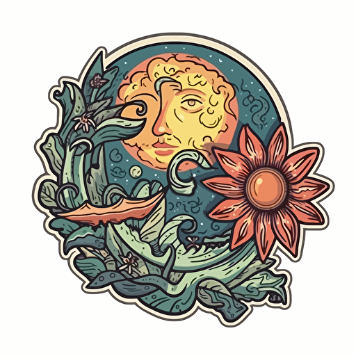 vector sticker of the sun and moon with nature and life coming out of them