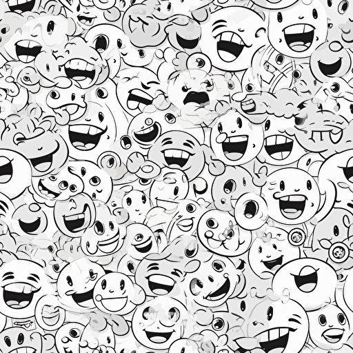 a seamless pattern of laughing emojis cartoon, vector art, white background, black outline,