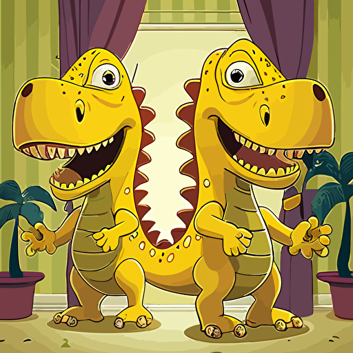 two male cartoon yellow dinosaurs, funny, smiling, standing in a girls bedroom, ar 2:3, vector