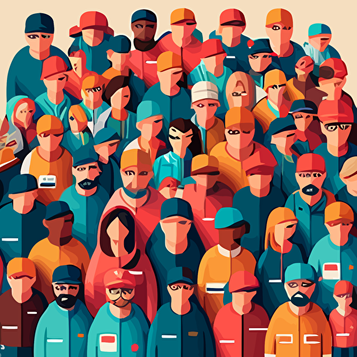 a huge crowd of delivery service workers, facing the camera. happy, vector, detailed.