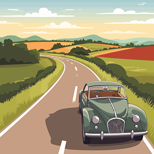 English countryside road long and winding with a couple of classic british cars on the road 3/4 view vector illustration