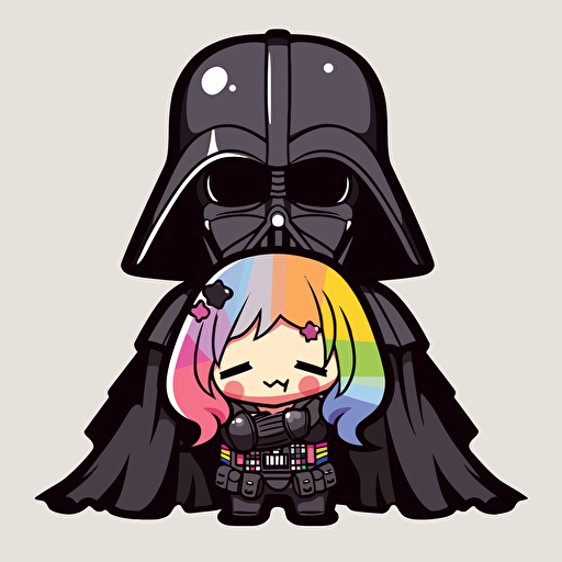 A colorfull lesbian female darth vader, goofy looking, smiling, minimalistic, flat light, white background, vector art
