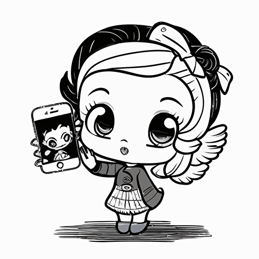 A cute caw chibi, vector, black and white, coloring page, disney on selfie