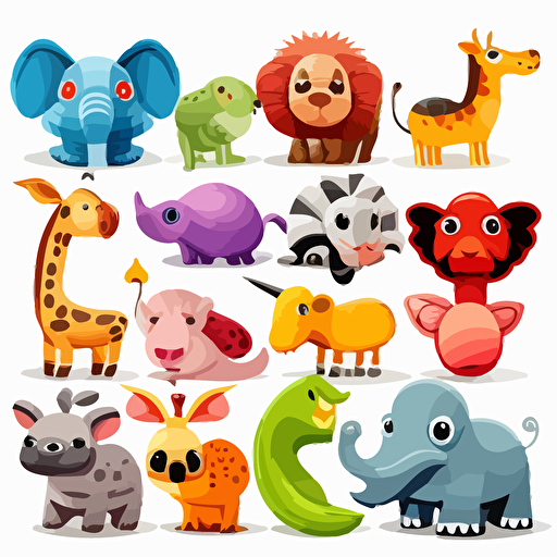 cartoon animals all different colors, vector style, margin between, white background