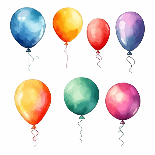 set of balloons, detailed, cartoon style, 2d watercolor clipart vector, creative and imaginative, hd, white background