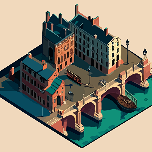 old london bridge in 1900 aerial view, isometric perspective, vectorial style, limited color palette