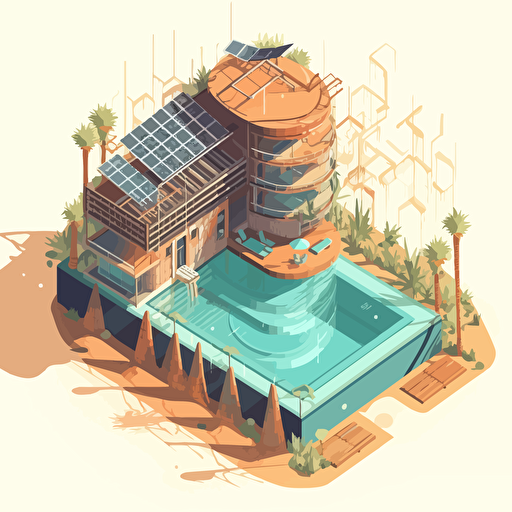 vector, solarpunk, building with a pool