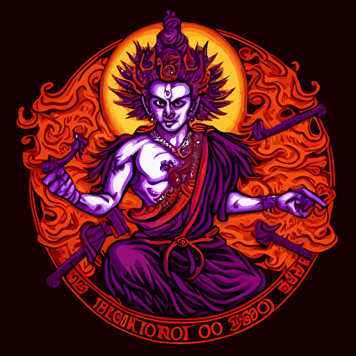 1980s scifi manjushri chinese style with flames gold coins mandarines chinese new year logo vector detailed high definition white purple red orange