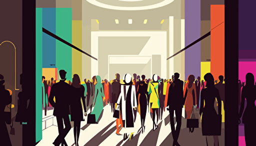 The Entrance to a fashion store in a crowded shopping mall, in the style of lively tableaus, li-core, colorful, vectorized