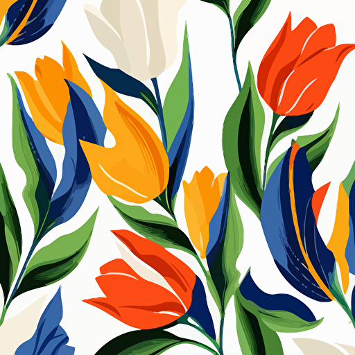 Trendy and colourful of tulips and leaves brushed strokes style, seamless pattern vector ,Design for fashion , fabric, textile, wallpaper, cover, web , wrapping and all prints, white background