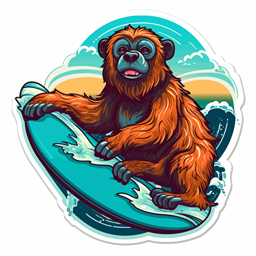 a howler monkey riding a surfboard, Sticker, Playful, happy, Bright Colors, Digital Art, Contour, Vector, Big blue wave in Background, Detailed