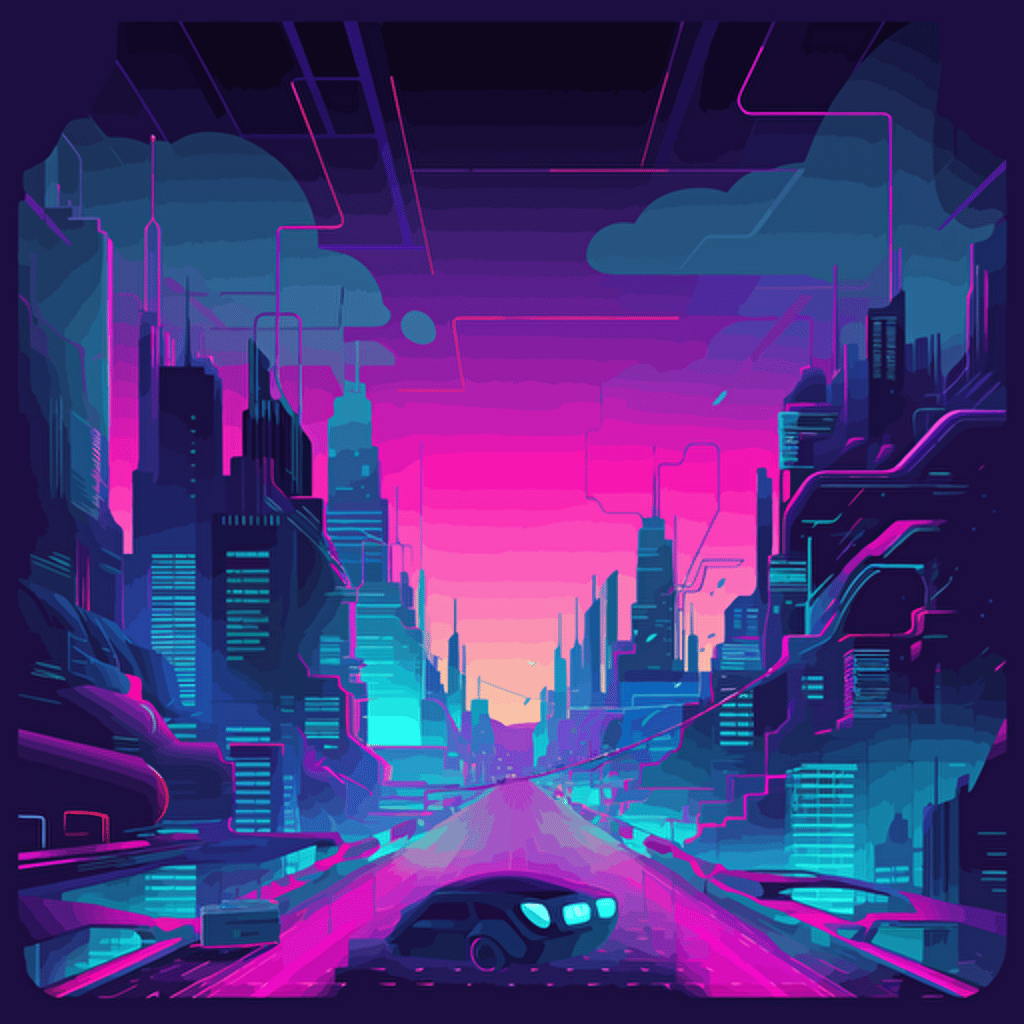 cyberpunk, futurism, arcade game style, illustration, vector, bright vapor wave, city scape