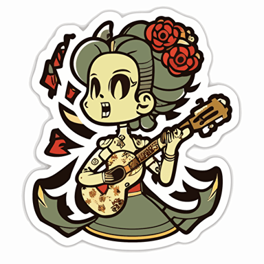 Anime mariachi girl sticker, 90's anime style, Dia De Los Muertos style makeup, vector, contour, white background