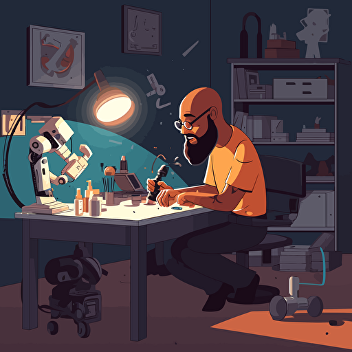 A bald Dominican man with a beard is building a futuristic robot in his workshop. vector art, moody lighting, high resolution