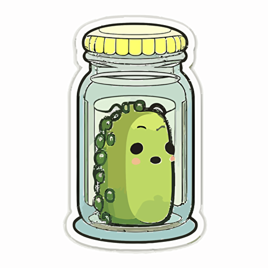 sticker, grumpy pickle, colorful, sitting inside of a pickle jar full of pickle juice, kawaii, contour, vector, white background s 250