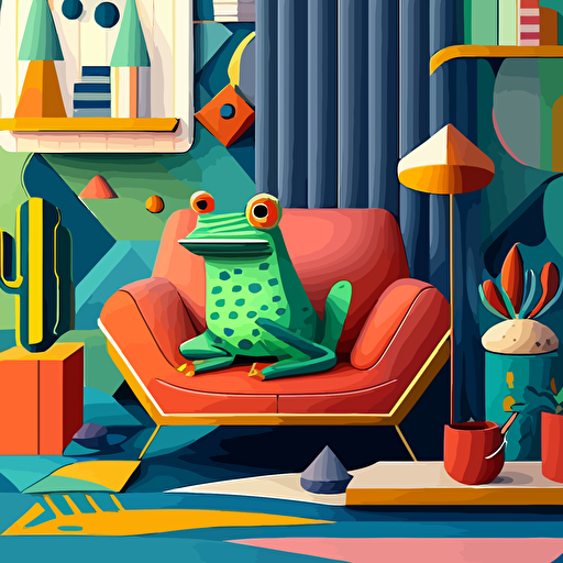 Inspired by the Memphis Design style, create a vector illustration of KEK (in his frog form similar to Pepe the Frog) relaxing in a room filled with colorful, geometric furniture and patterns. Set the scene in a contemporary living space, with KEK smirking playfully.