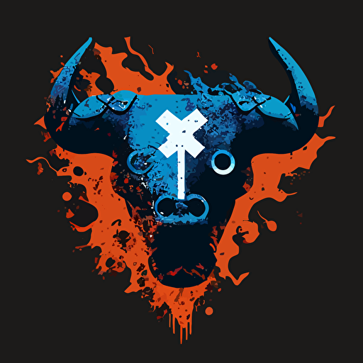 an emblem of a mad bovine on fire, game controller in mouth, vector, simple