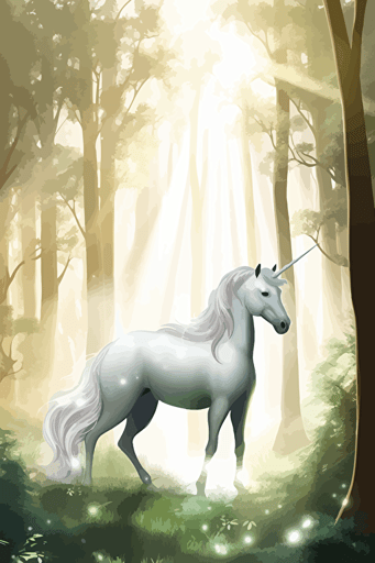 A mystical vector image of a unicorn in a forest clearing, featuring a magical atmosphere and detailed foliage, white background