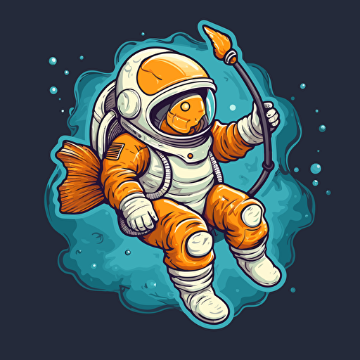 astronaut riding a stick. His helmet is filled with water and has one goldfish inside. His left hand is doing the shaka sign. retro cartoon sticker style vector