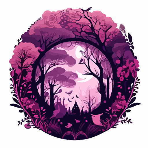 a circular logo with a whimsical magical feel for a park called Enchanted Park. Vector. Purples. Pinks.