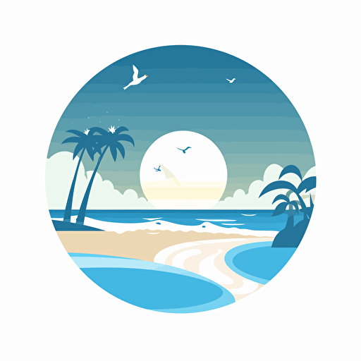 Simplified stylized beach scene inside a token circle, vector style logo, blue sea colour background, white border wrapped around the beach, HD