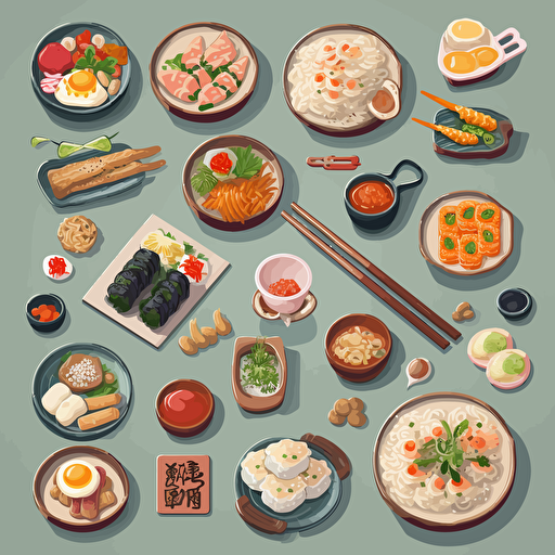 asian delicious foods 2d birdview element designs set, colorful, modern, 2d, stock vector, svg, ai, light color, high quality