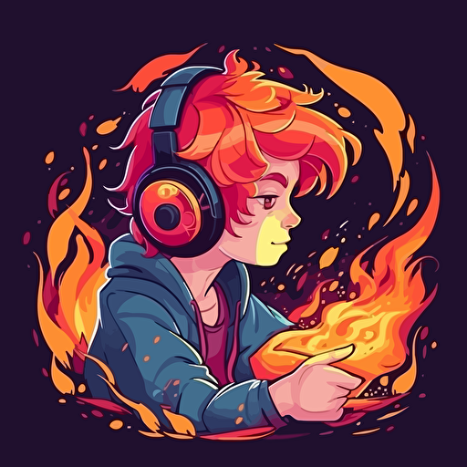 vector illustration of young boy gamer playing, flaming hair