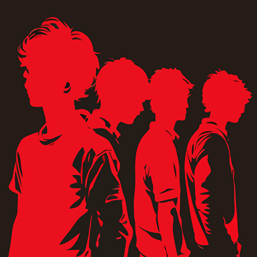 4 boy, Brash, TGIF, white color, red background, simple design, vector style, white outline over silhouette