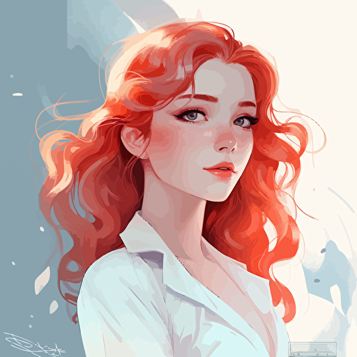 a beautiful young Samantha Eggar in white dress. Brightly red curly long hair, Clear detailed face, fair skin tone, light blue eyes. Clean Cel shaded vector art by lois van baarle, artgerm, Helen huang, by makoto shinkai and ilya kuvshinov, rossdraws, illustration