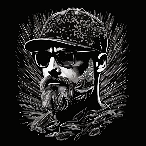 vector, black and white, man face with trucker cap, beard, pasta glasses, bald, 2d