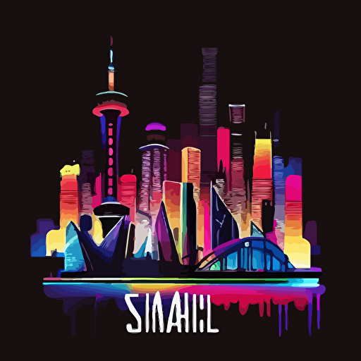 shanghai skyline, stylistic vibrant neon colors, noir edge, vector image