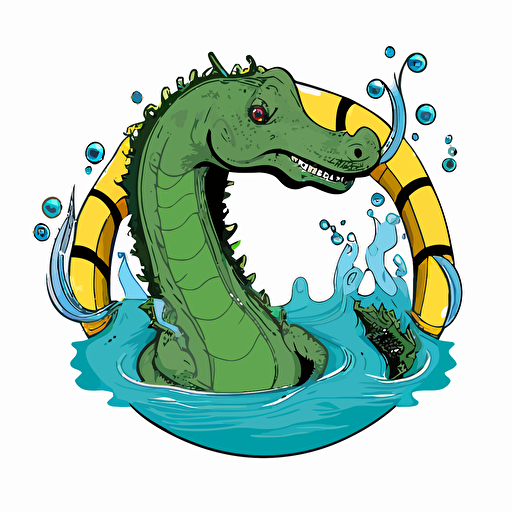 loch ness monster at a pool party, vector logo, vector art, emblem, simple cartoon, 2d, no text, white background