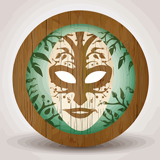 wooden face mask in circle, vector style, brown, green