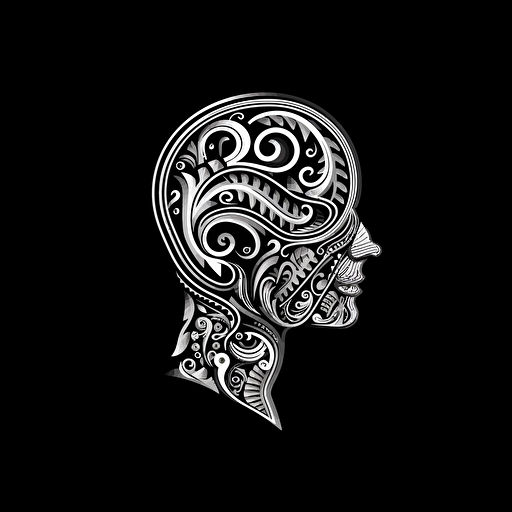 pictorial iconic logo of a sculpted mind, white vector, on black backgroung