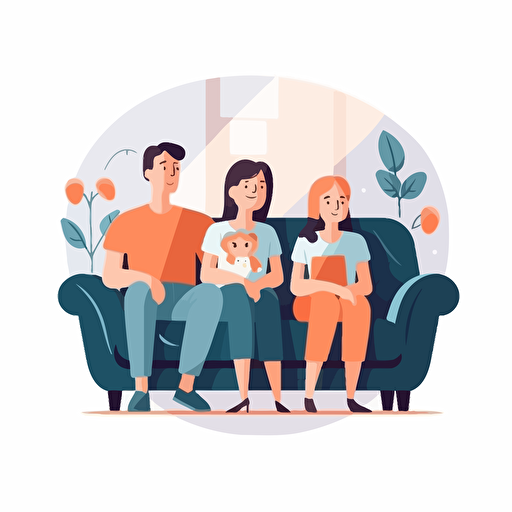flat vector illustration family sitting on sofa, cartoon style, white background