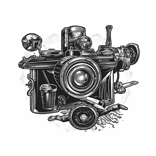 modern logo of old fashioned film camera with an ammo clip attached to it, black vector, on white background