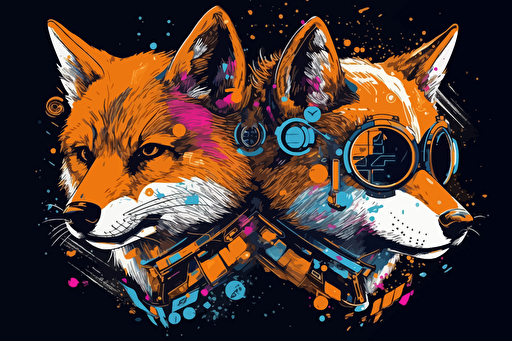 Create an image of a massive battle between two different states shiba inu cyber punk and fox dark shiba inu outfit battle, galaxy explose, anime background, vector, greekpunk, marvel style, white background