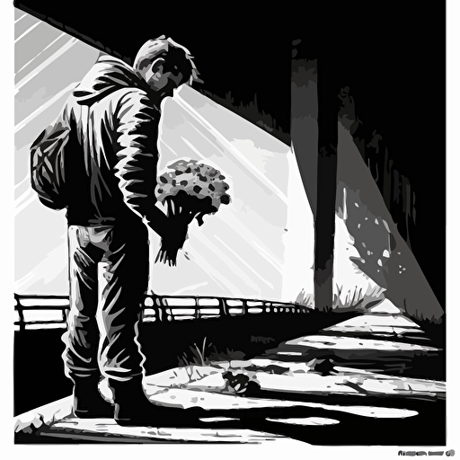 line without shadow, hatching, black and white, vector, sharp image. like sin city, homeless man under a bridge handing flowers to passersby